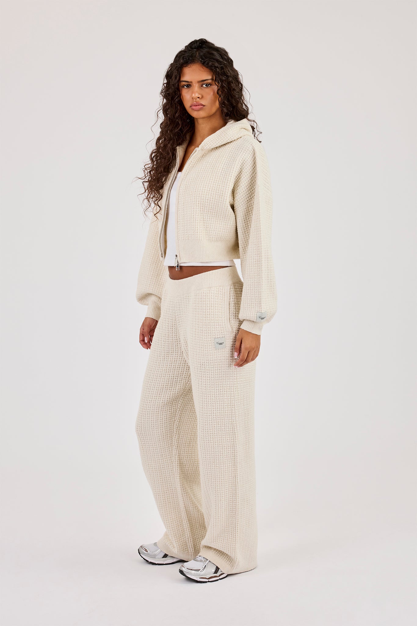 Waffle Knit Cropped Zip Through Hoodie & Wide Leg Jogger - Oatmeal